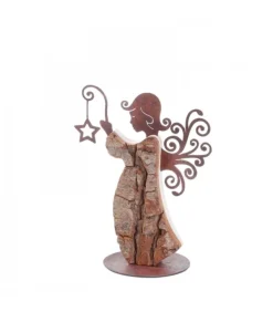 Ange De Noël En Bois Avec Ailes Metal, 15 Cm