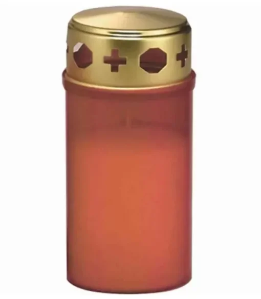 Bougie Cimetiere Rouge Avec Couvercle Dore, 12 Cm