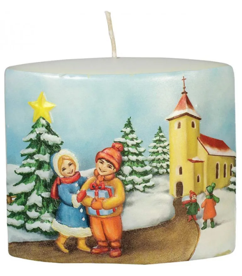 Bougie De Noël Vintage Scene Enfant Et Village