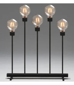 Chandelier Led 5 Ampoules Rondes Ambrees En Metal Noir, 54 Cm