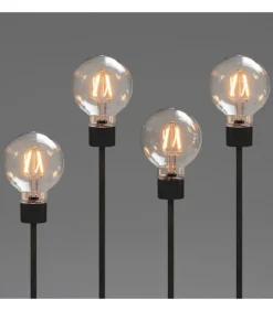 Chandelier Led 5 Ampoules Rondes Ambrees En Metal Noir, 54 Cm