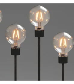 Chandelier Led 5 Ampoules Rondes Ambrees En Metal Noir, 54 Cm