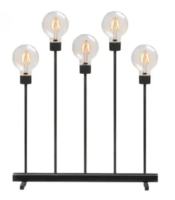 Chandelier Led 5 Ampoules Rondes Ambrees En Metal Noir, 54 Cm
