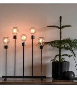 Chandelier Led 5 Ampoules Rondes Ambrees En Metal Noir, 54 Cm