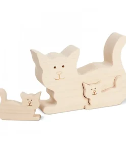 Chat En Bois Avec Deux Chatons, 8,5 Cm