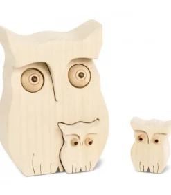 Chouette En Bois Avec Deux Bebes Chouettes, 10 Cm