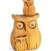 Chouette En Bois Poli Avec Deux Enfants, 8 Cm
