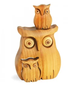 Chouette En Bois Poli Avec Deux Enfants, 8 Cm