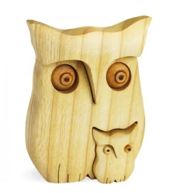 Chouette En Bois Poli Avec Enfant, 9 Cm
