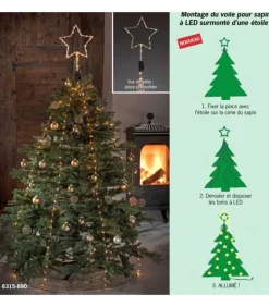 Cime Sapin De Noël, Voile Guirlande Avec Etoile Doree, 274 Diodes Led