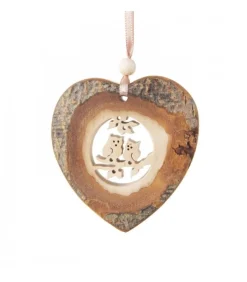 Coeur En Bois A Suspendre Motif Cisele Hiboux, 7 Cm