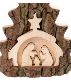 Crèche De Noël 16 Cm, Taillee Dans Une Ecorce De Bois En Forme De Sapin