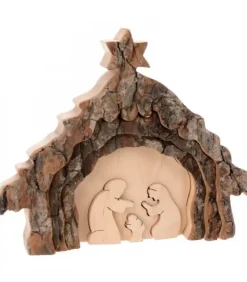 Crèche De Noël 13 Cm, Taillee Dans Une Ecorce De Bois, Motif Etable