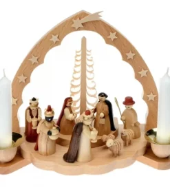 Crèche De Noël En Bois Avec Bougeoir 18 Cm