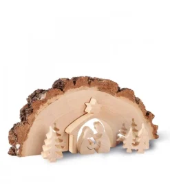 Crèche De Noël En Bois Cisele Dans Un Rondin De Bois, 30 Cm