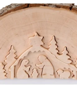 Crèche De Noël En Relief, Taillee Dans Un Rondin De Bois, 12 Cm