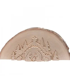 Crèche De Noël En Relief, Taillee Dans Un Rondin De Bois, 27 Cm
