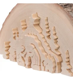 Crèche De Noël En Relief, Taillee Dans Un Rondin De Bois, 27 Cm
