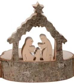 Crèche De Noël Sur Rondin De Bois Avec Bougeoir