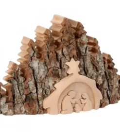 Crèche De Noël Taillee Dans Une Ecorce De Bois, Motif Etable, 20 Cm