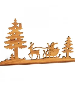 Diorama En Placage D'Olivier, Père Noël En Traineau Dans La Foret,12 Cm