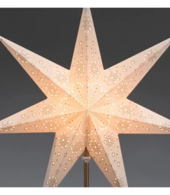 Etoile Lumineuse Electrique 7 Branches En Papier, Blanche, Sur Pied Laiton, 48 Cm