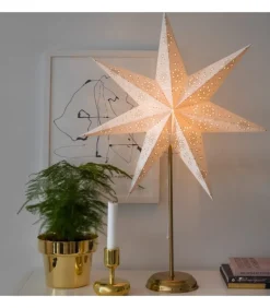 Etoile Lumineuse Electrique 7 Branches En Papier, Blanche, Sur Pied Laiton, 48 Cm