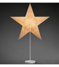 Etoile Lumineuse Electrique 5 Branches En Papier, Blanche, Sur Pied Blanc, 46 Cm