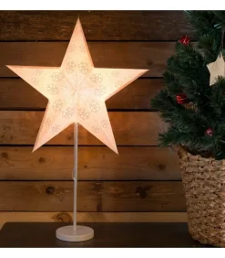 Etoile Lumineuse Electrique 5 Branches En Papier, Blanche, Sur Pied Blanc, 46 Cm