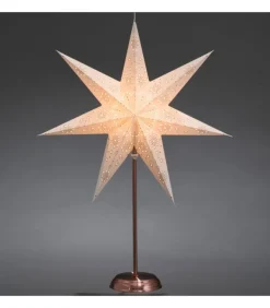 Etoile Lumineuse Electrique 7 Branches En Papier, Blanche, Sur Pied Cuivre 48 Cm