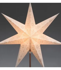 Etoile Lumineuse Electrique 7 Branches En Papier, Blanche, Sur Pied Cuivre 48 Cm