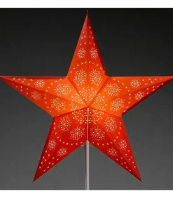 Etoile Lumineuse Electrique 5 Branches En Papier, Rouge, Sur Pied Blanc, 46 Cm
