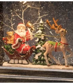 Lanterne À Neige A Led Avec Père Noël Dans Son Traineau, 25 Cm