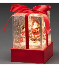 Lanterne À Neige "Cadeau De Noël" Avec Père Noël & Bonhomme De Neige