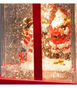 Lanterne À Neige "Cadeau De Noël" Avec Père Noël & Bonhomme De Neige