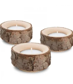 Lot De 3 Bougeoirs En Bois Avec Ecorce, 9 Cm
