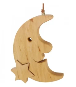 Lune En Bois De Chene A Suspendre Avec Une Etoile 12,5 Cm