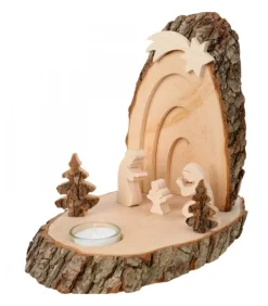 Petite Crèche De Noël En Ecorce De Bois Avec Sapins Et Bougeoir