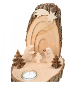 Petite Crèche De Noël En Ecorce De Bois Avec Sapins Et Bougeoir