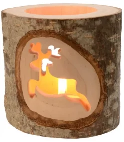 Photophore En Bois Avec 2 Motifs En Bois Cisele, Renne