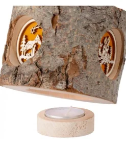 Photophore Rondin De Bois, Avec 3 Motifs Crèche, Père Noël Et Bougies