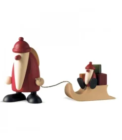 Père Noël En Bois Et Enfant Sur Luge