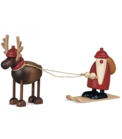 Père Noël En Bois Sur Ski Et Renne
