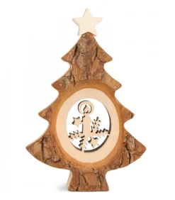 Sapin De Noël En Bois Avec Bougie Ciselee, 12 Cm