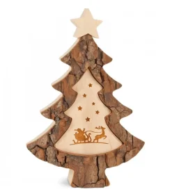 Sapin De Noël En Bois Avec Gravure Père Noël Et Luge, 15 Cm