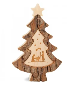Sapin En Bois Avec Gravure Crèche De Noël, 15 Cm