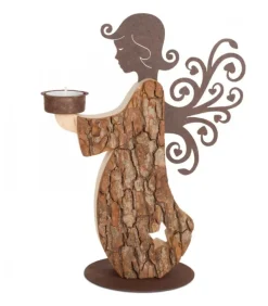 Statuette Ange De Noël En Bois Avec Bougeoir 27 Cm